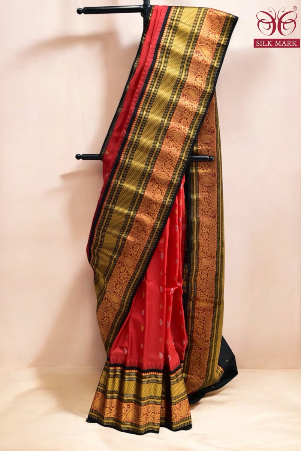 Marron red with black pure silk