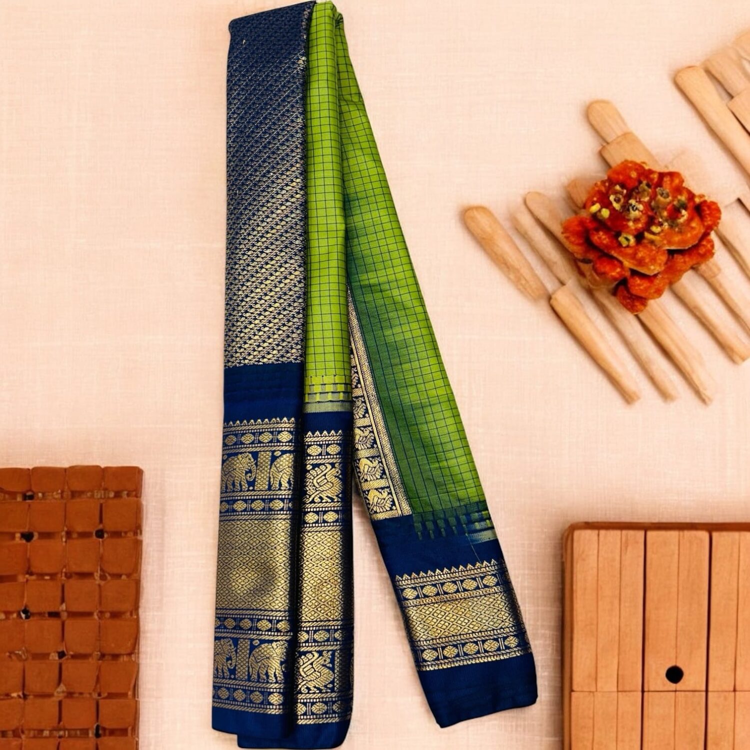 Leaf Green Semi Gadwal Saree
