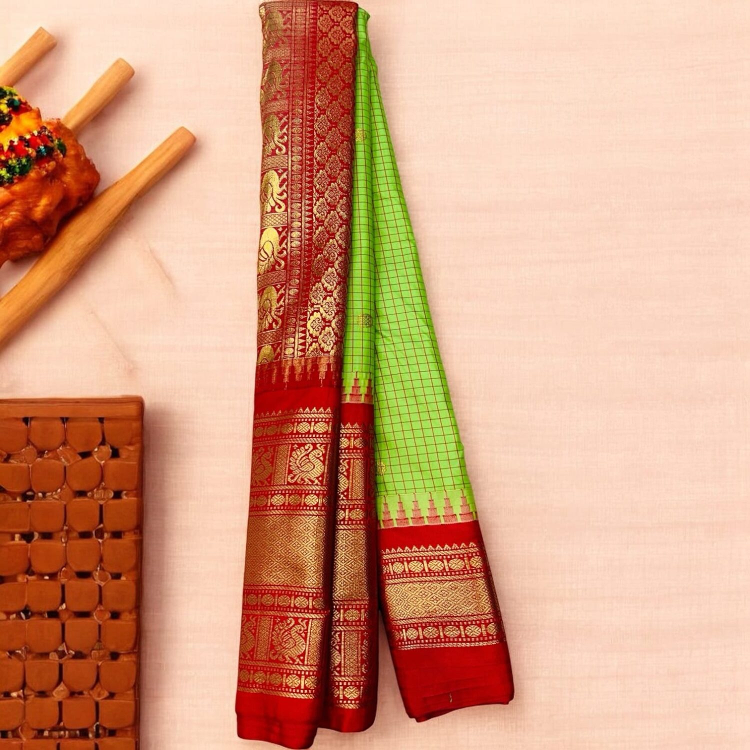 Parrot Green Semi Gadwal Saree