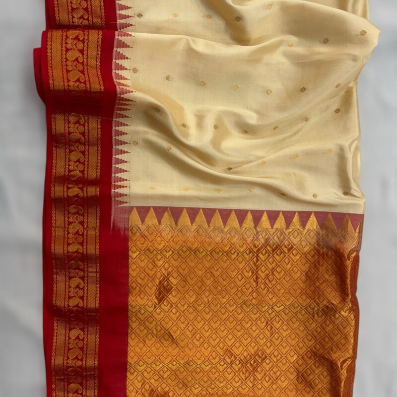 Cream with pink Pure Silk Gadwal Saree - view 2