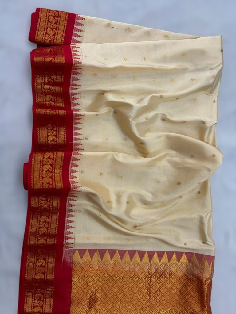 Cream with pink Pure Silk Gadwal Saree