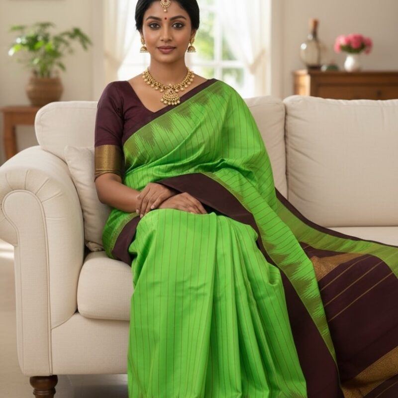 Leaf green handloom pure silk - view 2