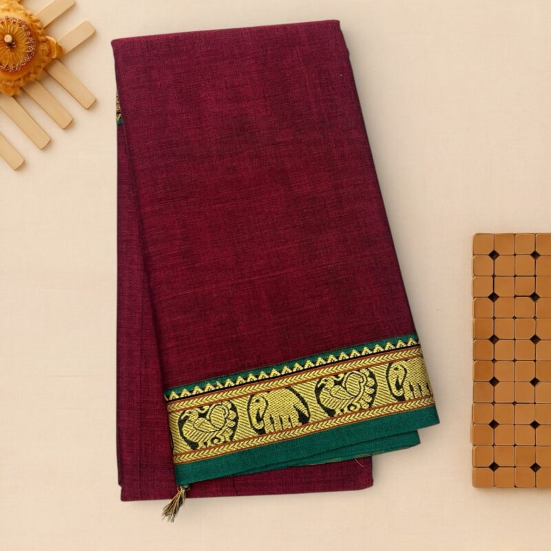 Maroon Mercerised Cotton Saree with Elephant Border