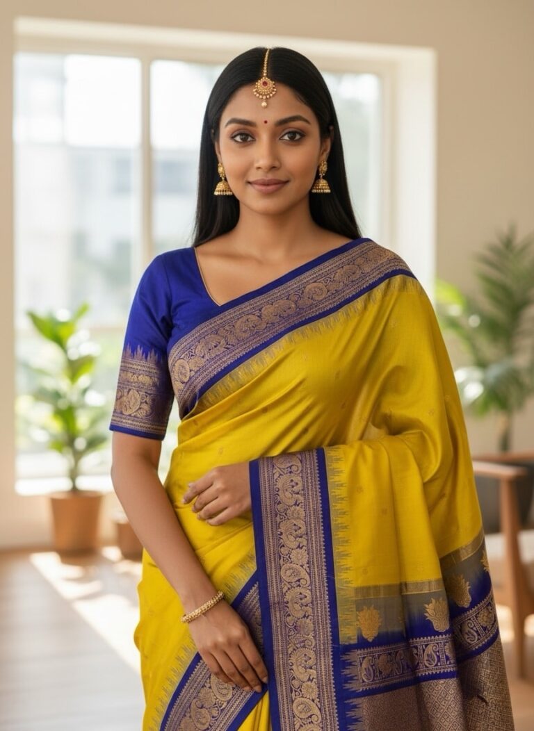 Yellow pure gadwal saree - view 3