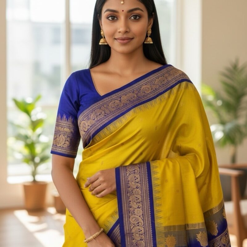 Yellow pure gadwal saree - view 3