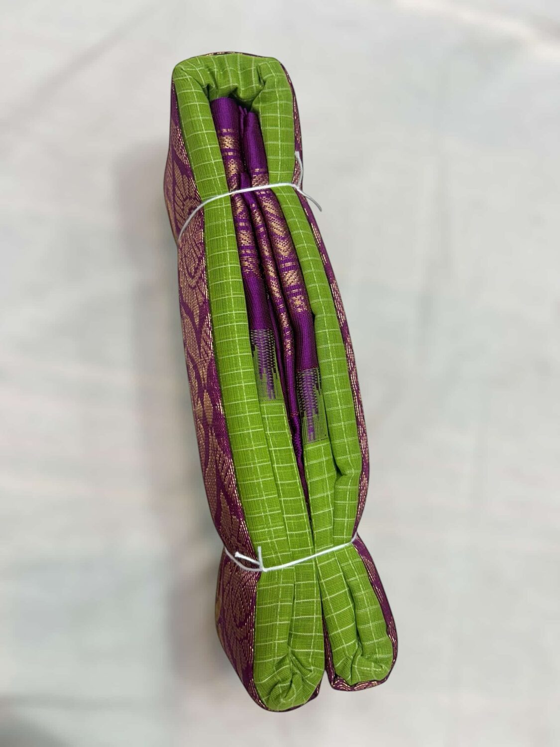Green Cotton Gadwal Saree | Purple Border & Golden Zari