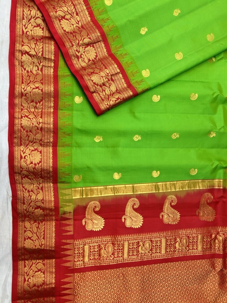 Green Silk Saree with Red Golden Zari Border & Pallu - view 2