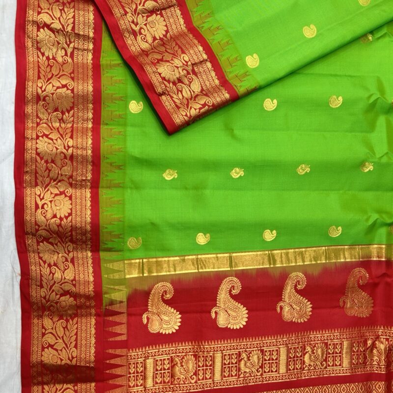 Green Silk Saree with Red Golden Zari Border & Pallu - view 2