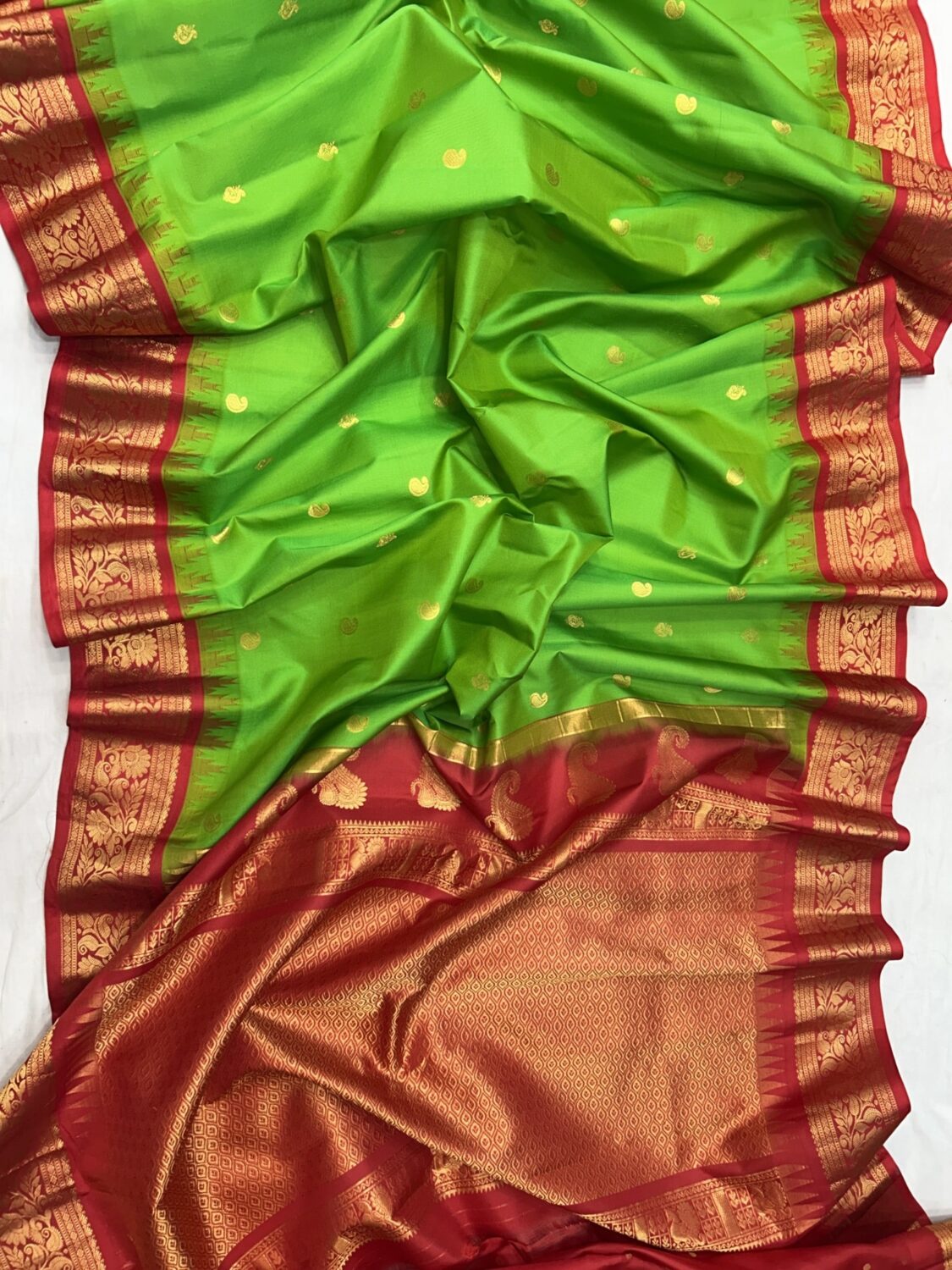Green Silk Saree with Red Golden Zari Border & Pallu