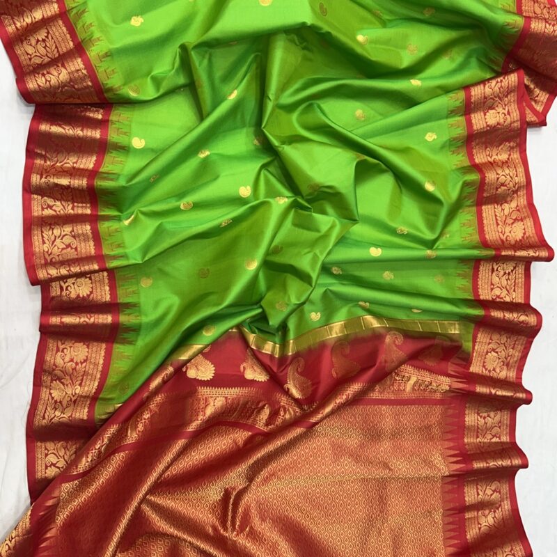 Green Silk Saree with Red Golden Zari Border & Pallu - view 3