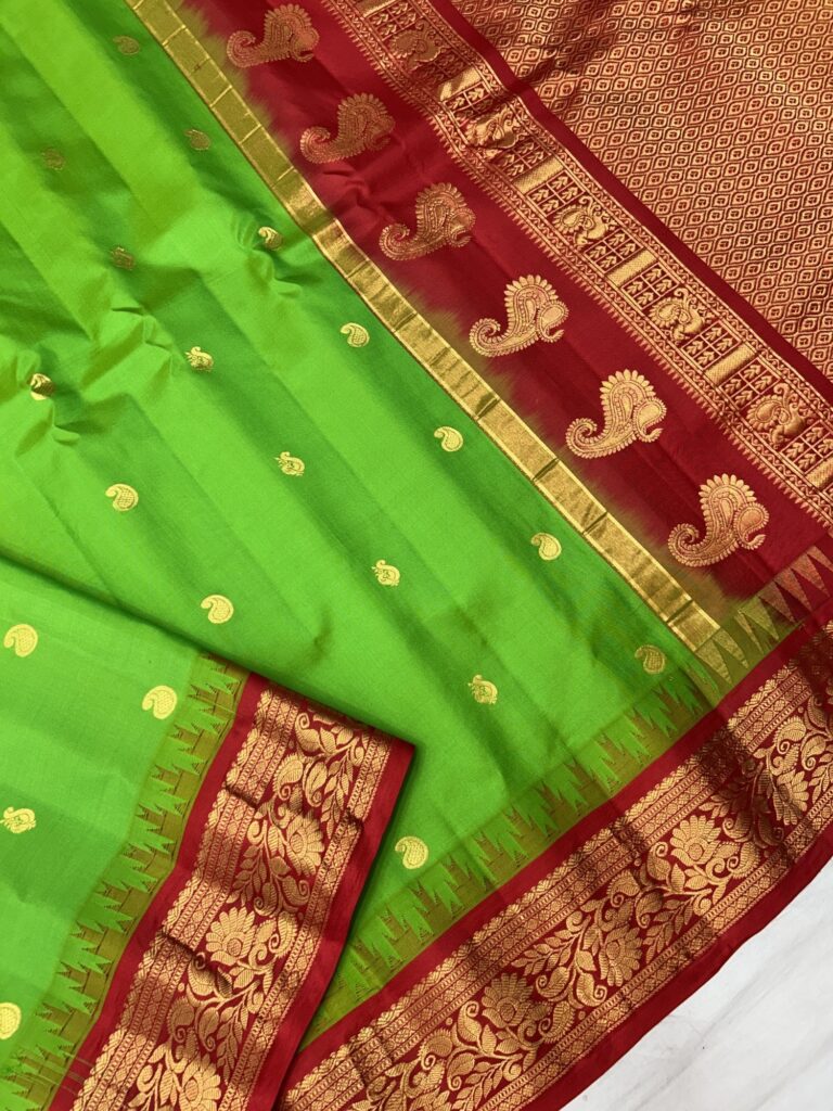 Green Silk Saree with Red Golden Zari Border & Pallu