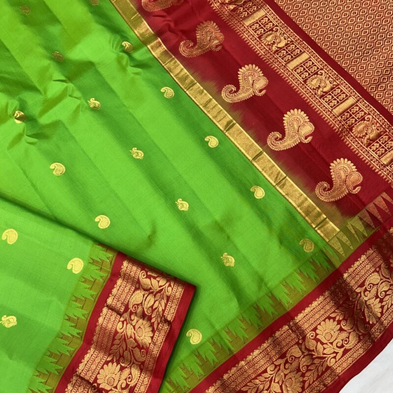 Green Silk Saree with Red Golden Zari Border & Pallu