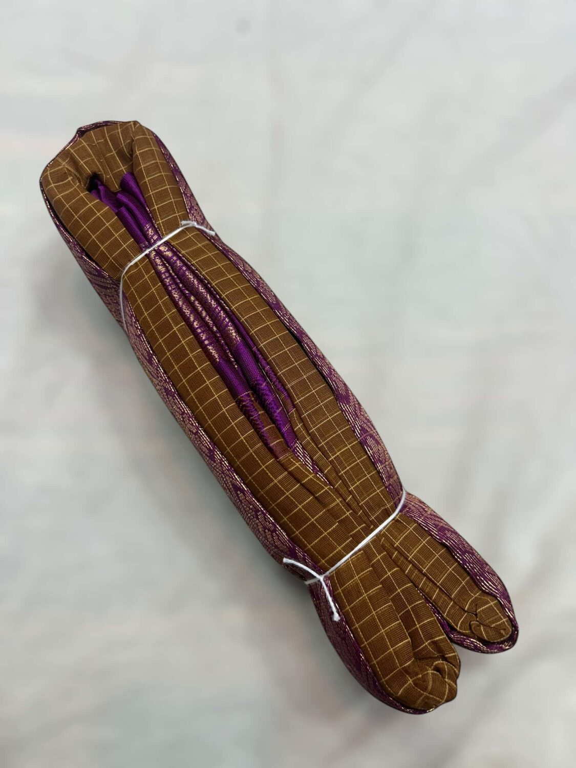 Mustard Gadwal Cotton Saree | Purple Pallu & Temple Border
