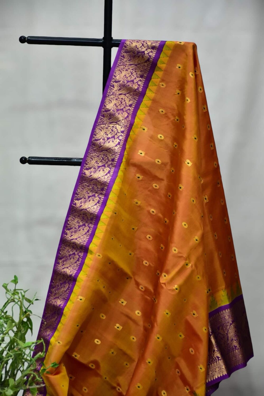 Orange Gadwal Silk Saree | Purple Border & Golden Butta
