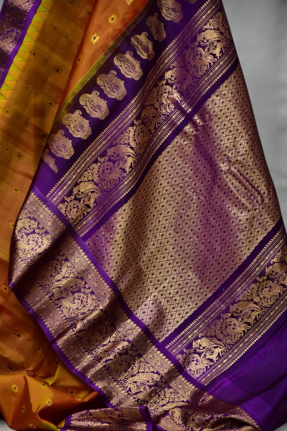 Orange Gadwal Silk Saree | Purple Border & Golden Butta