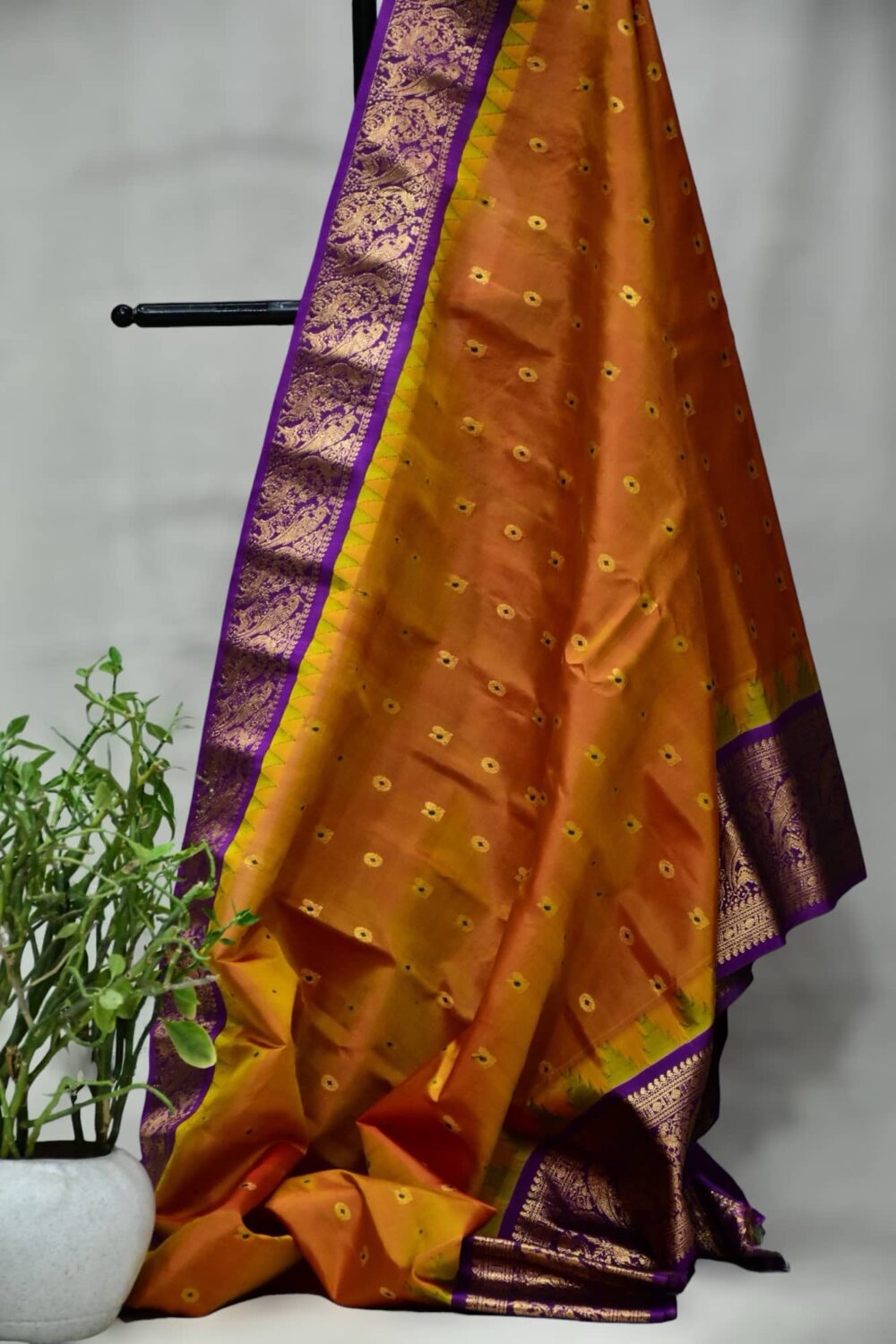 Orange Gadwal Silk Saree | Purple Border & Golden Butta
