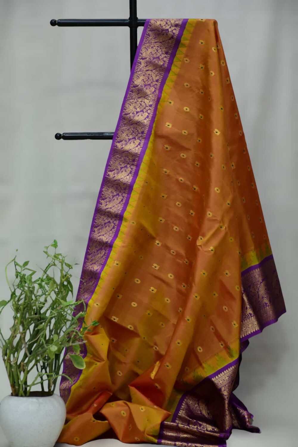 Orange Gadwal Silk Saree | Purple Border & Golden Butta