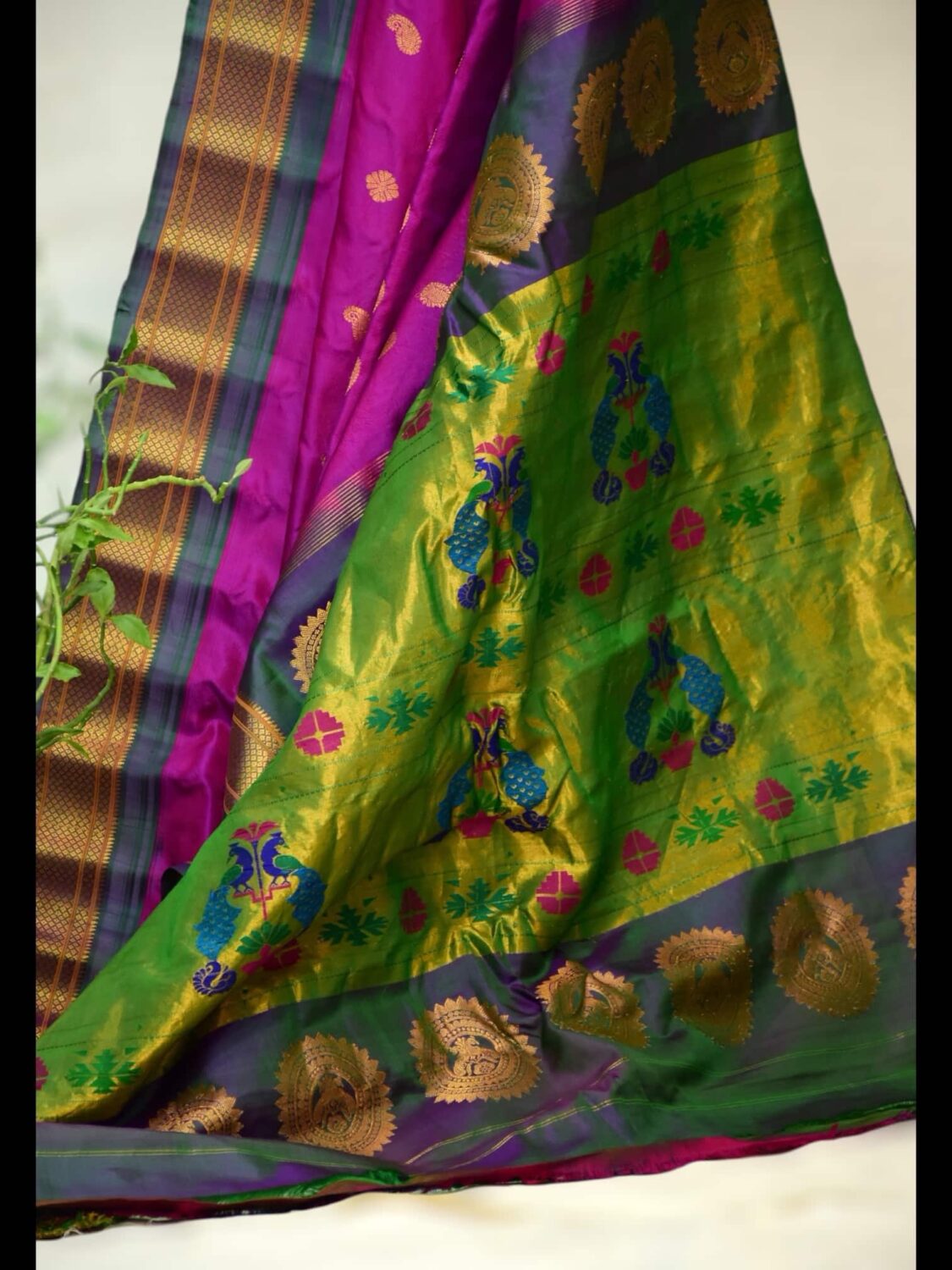 Dual Shade Blue Paithani Gadwal Silk Saree | Purple Pallu & Meena Work