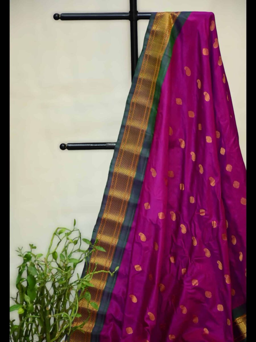 Dual Shade Blue Paithani Gadwal Silk Saree | Purple Pallu & Meena Work