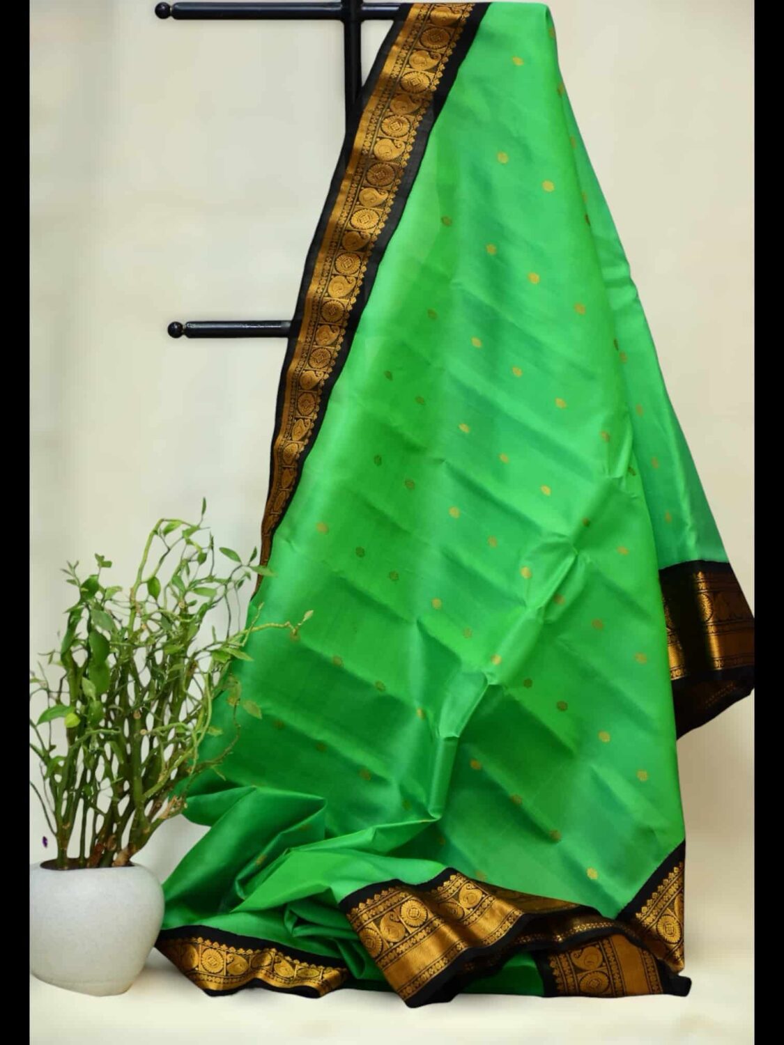 Parrot Green Pure Silk Saree | Black Border & Intricate Work