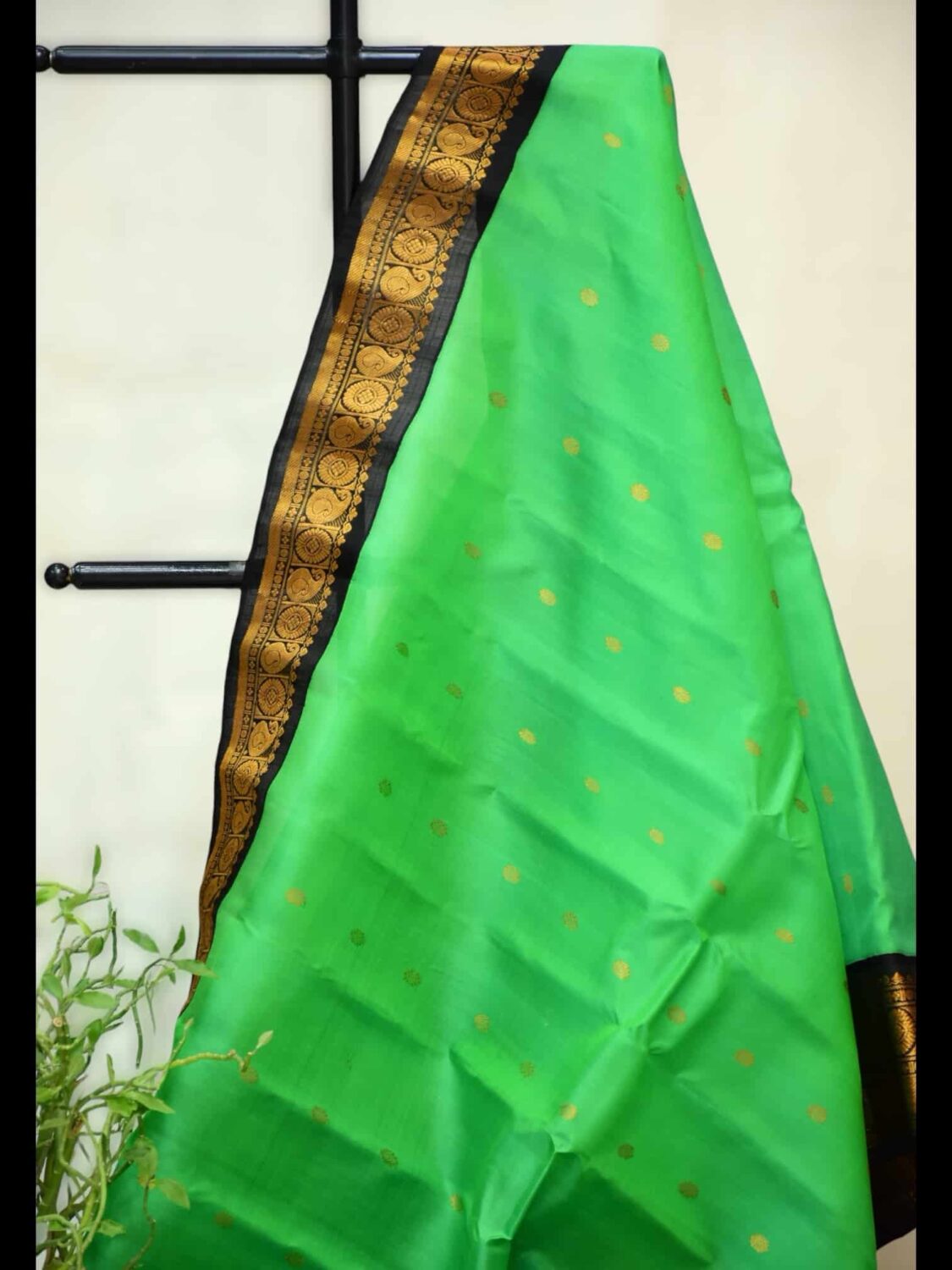 Parrot Green Pure Silk Saree | Black Border & Intricate Work
