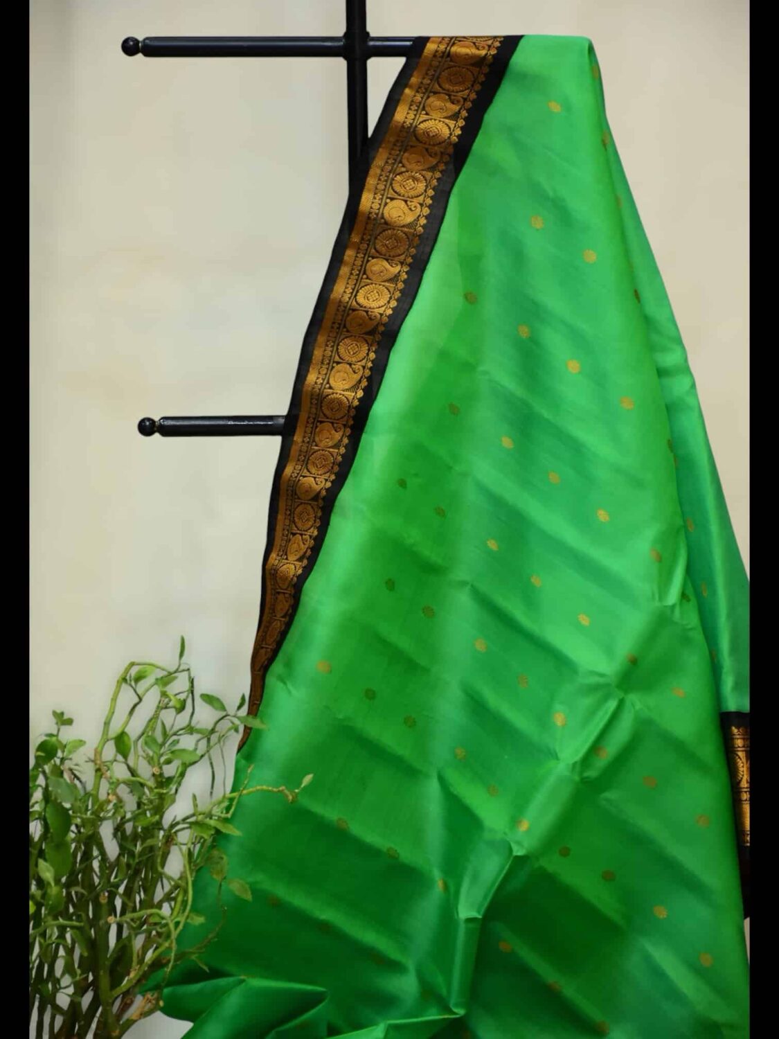 Parrot Green Pure Silk Saree | Black Border & Intricate Work