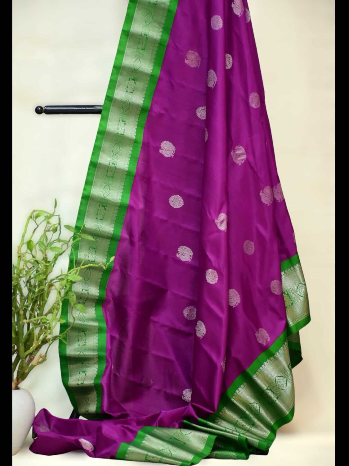 Pink Pure Silk Saree | Leaf Green Border & Silver zari Work