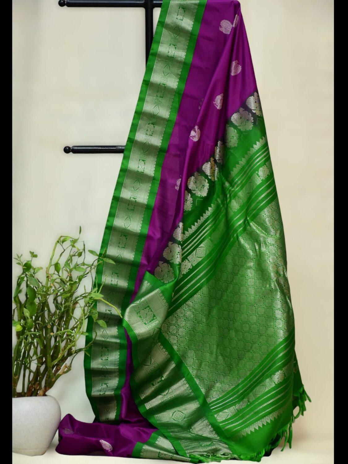 Pink Pure Silk Saree | Leaf Green Border & Silver zari Work