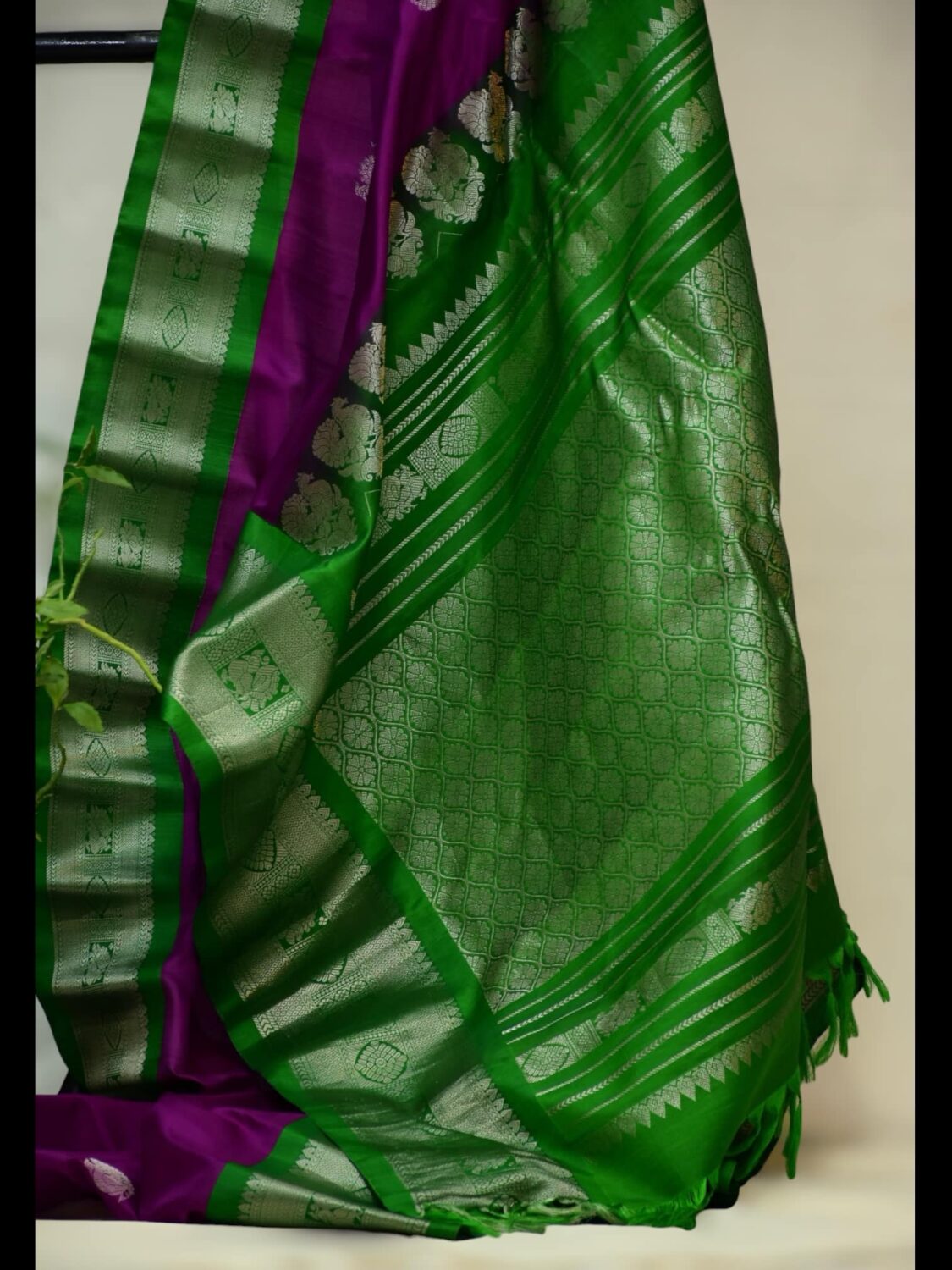 Pink Pure Silk Saree | Leaf Green Border & Silver zari Work