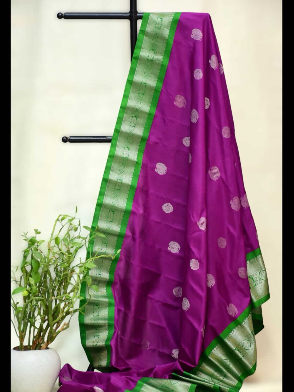 Pink Pure Silk Saree | Leaf Green Border & Silver zari Work