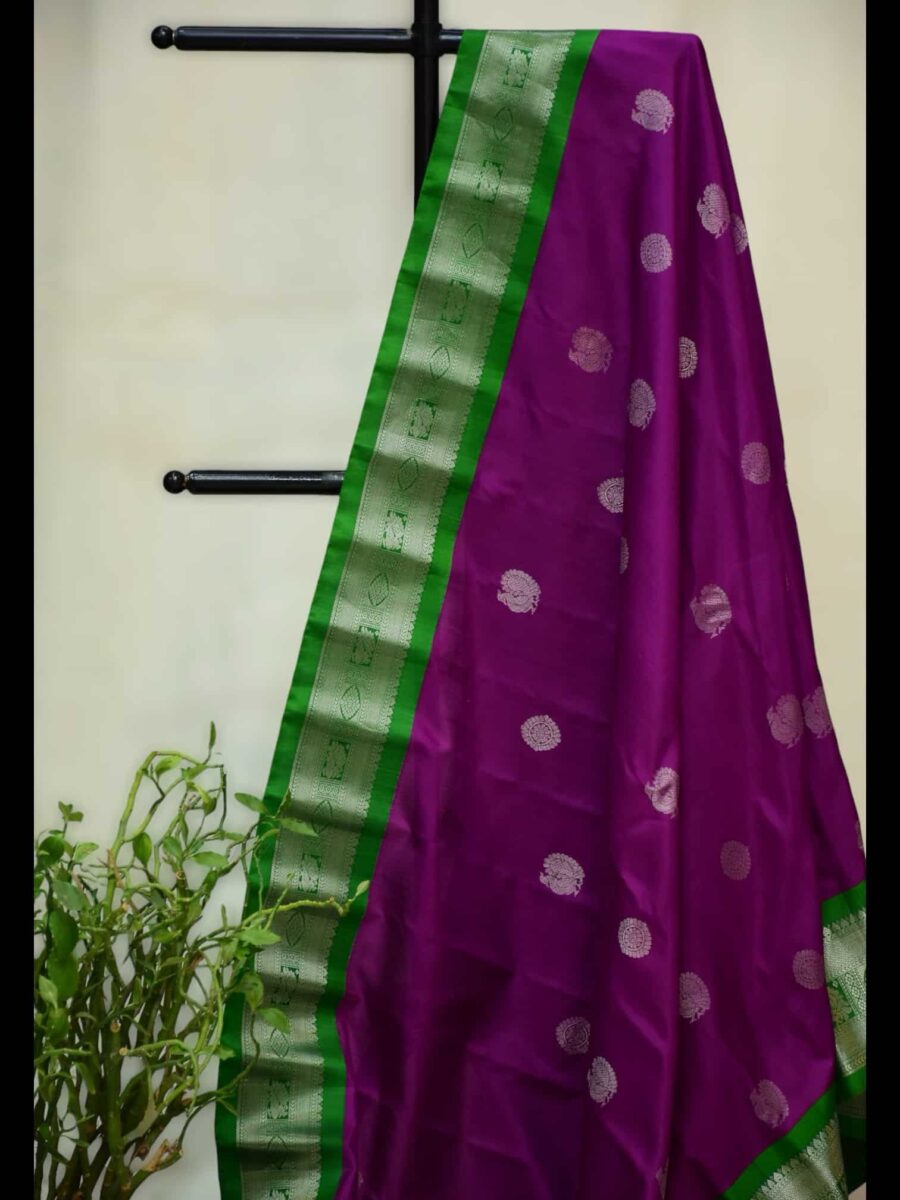 Pink Pure Silk Saree | Leaf Green Border & Silver zari Work