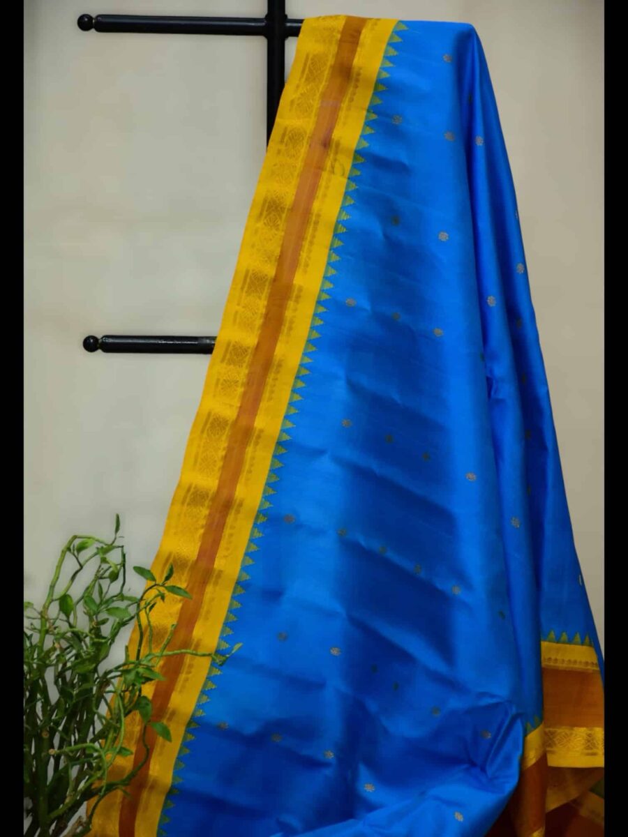Sky Blue Gadwal Silk Saree | Yellow Pallu & Kuttu Border