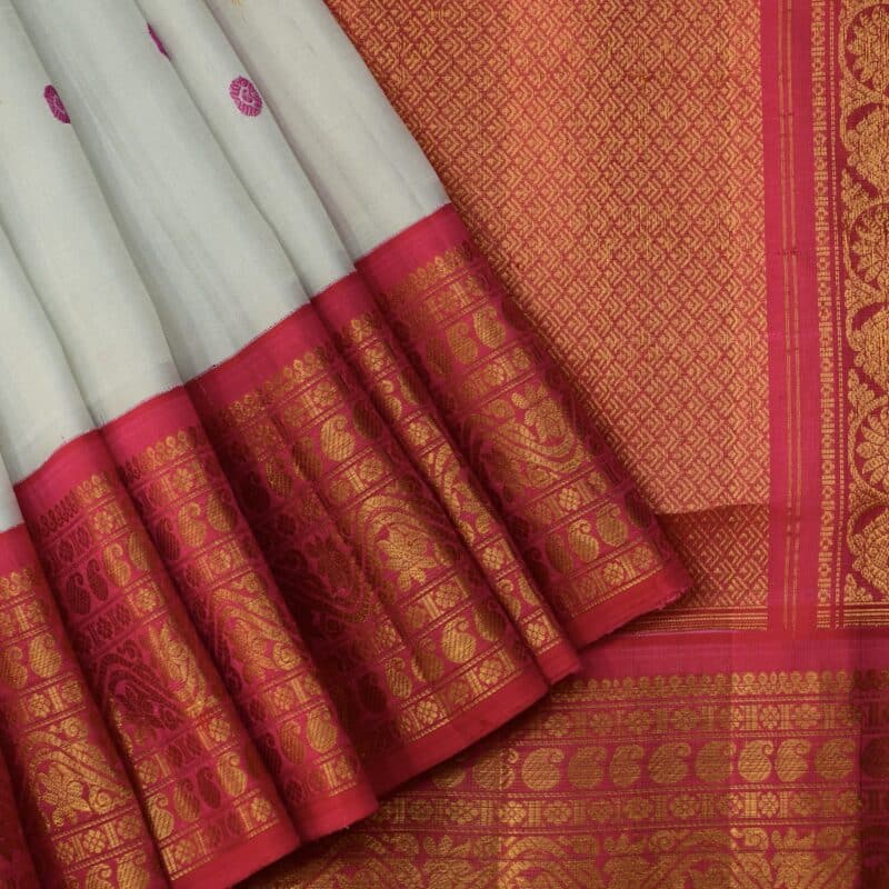 Off White Pink Handloom Pure Silk Gadwal Saree - view 5