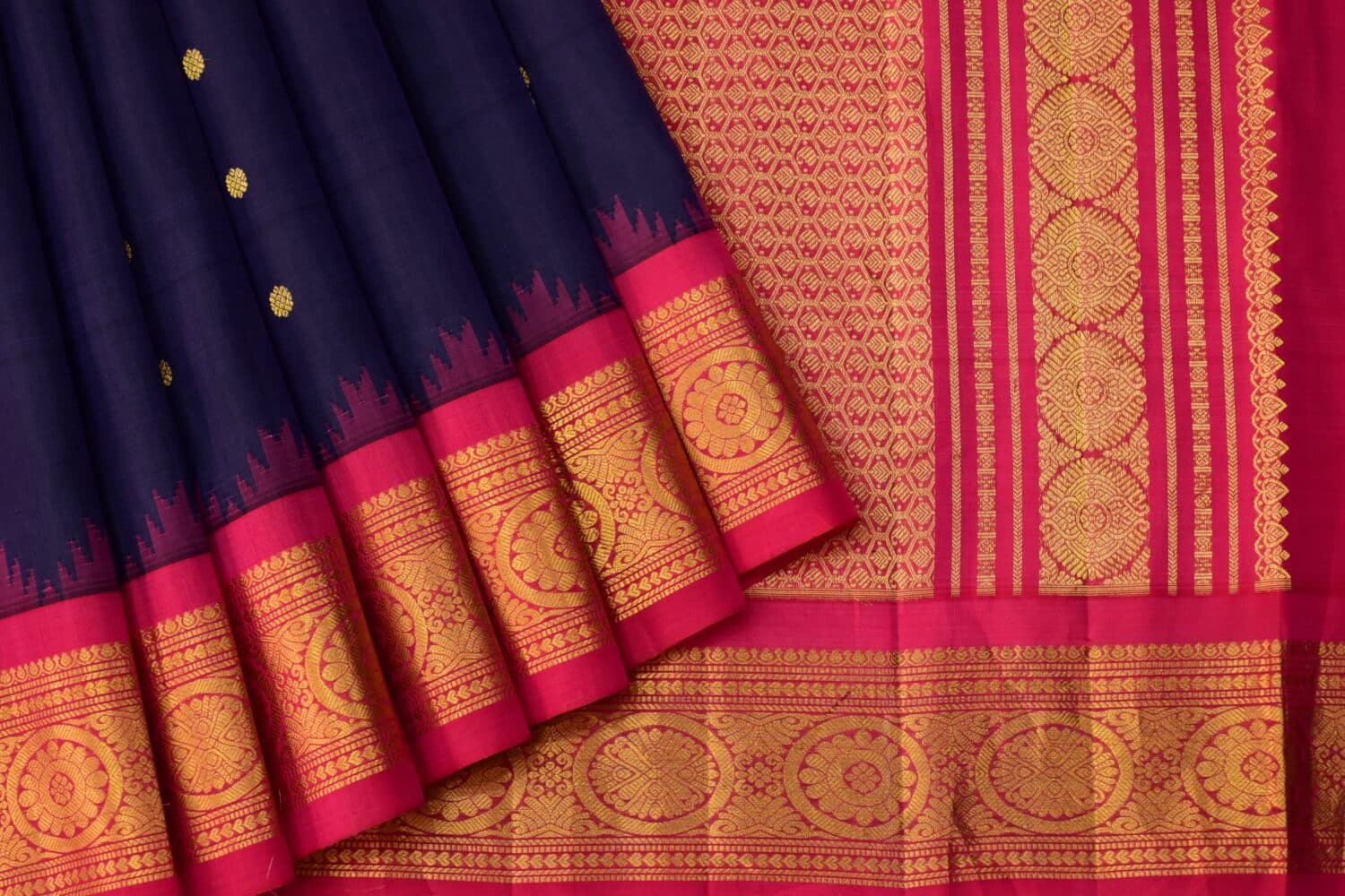 Navy Blue Rani Pink Handloom Pure Silk Gadwal Saree