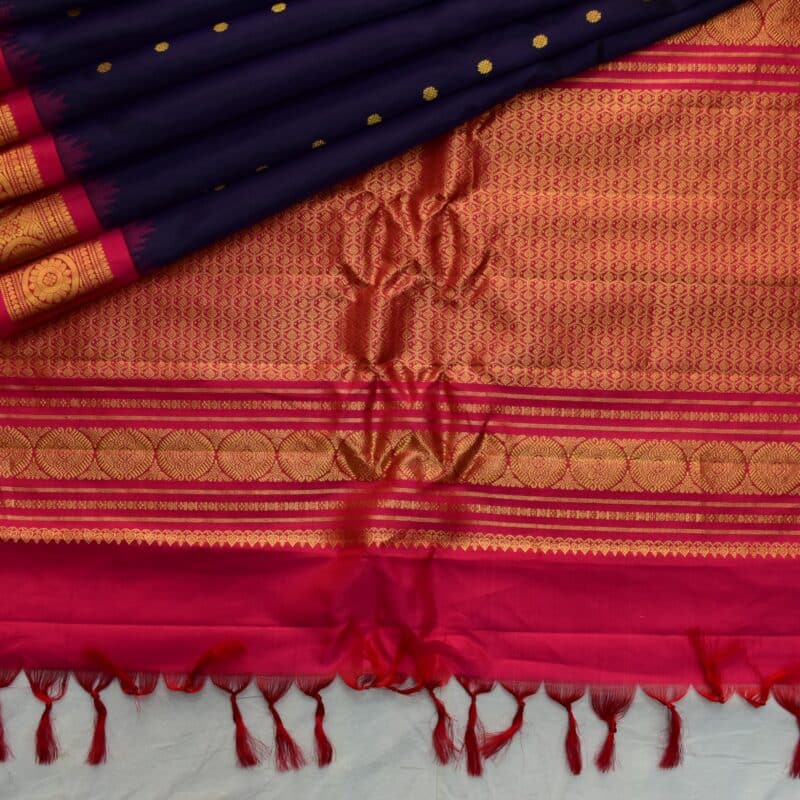 Navy Blue Rani Pink Handloom Pure Silk Gadwal Saree - view 4