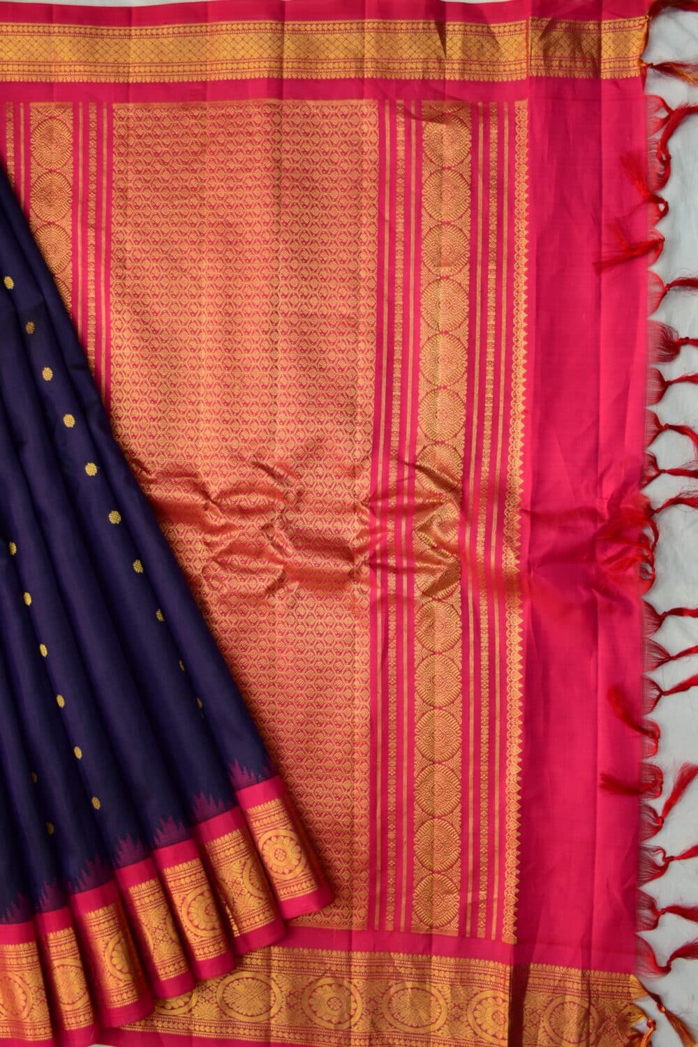 Navy Blue Rani Pink Handloom Pure Silk Gadwal Saree