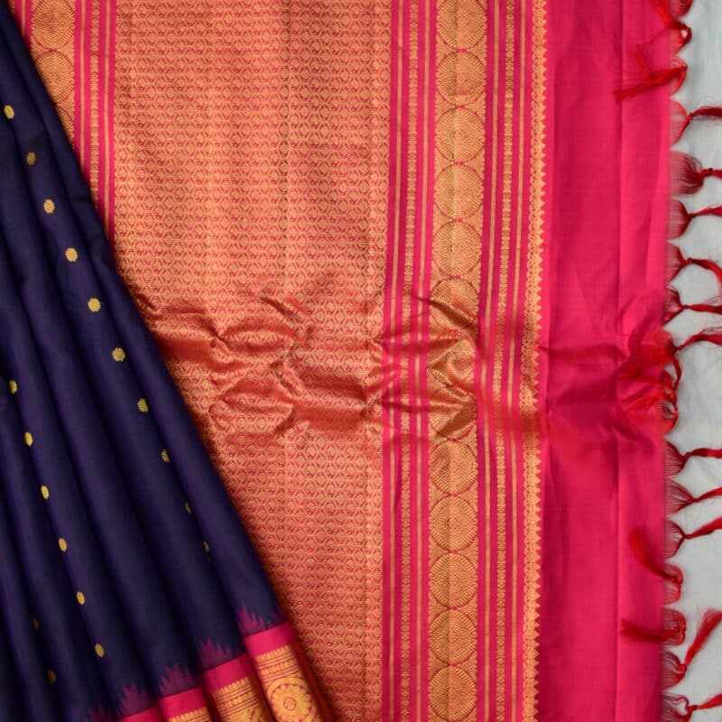 Navy Blue Rani Pink Handloom Pure Silk Gadwal Saree - view 7
