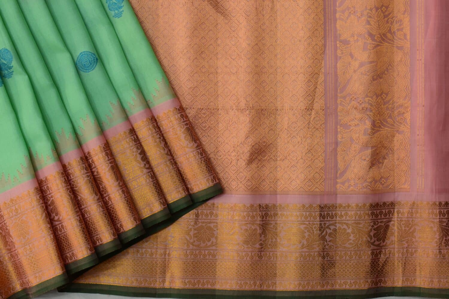 Mint Green Peach Handloom Pure Silk Gadwal Saree