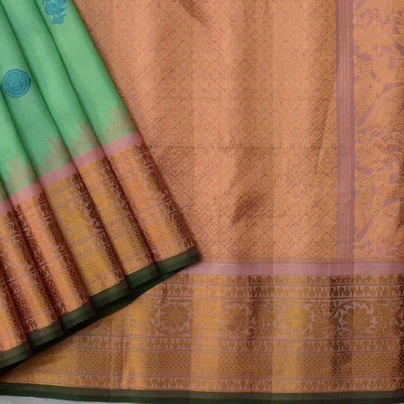 Mint Green Peach Handloom Pure Silk Gadwal Saree - view 13