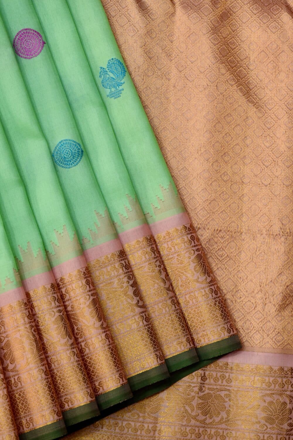 Mint Green Peach Handloom Pure Silk Gadwal Saree