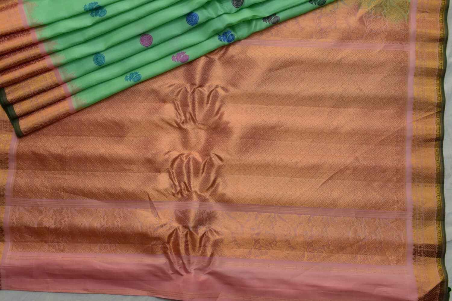 Mint Green Peach Handloom Pure Silk Gadwal Saree