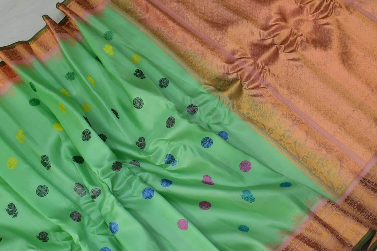 Mint Green Peach Handloom Pure Silk Gadwal Saree