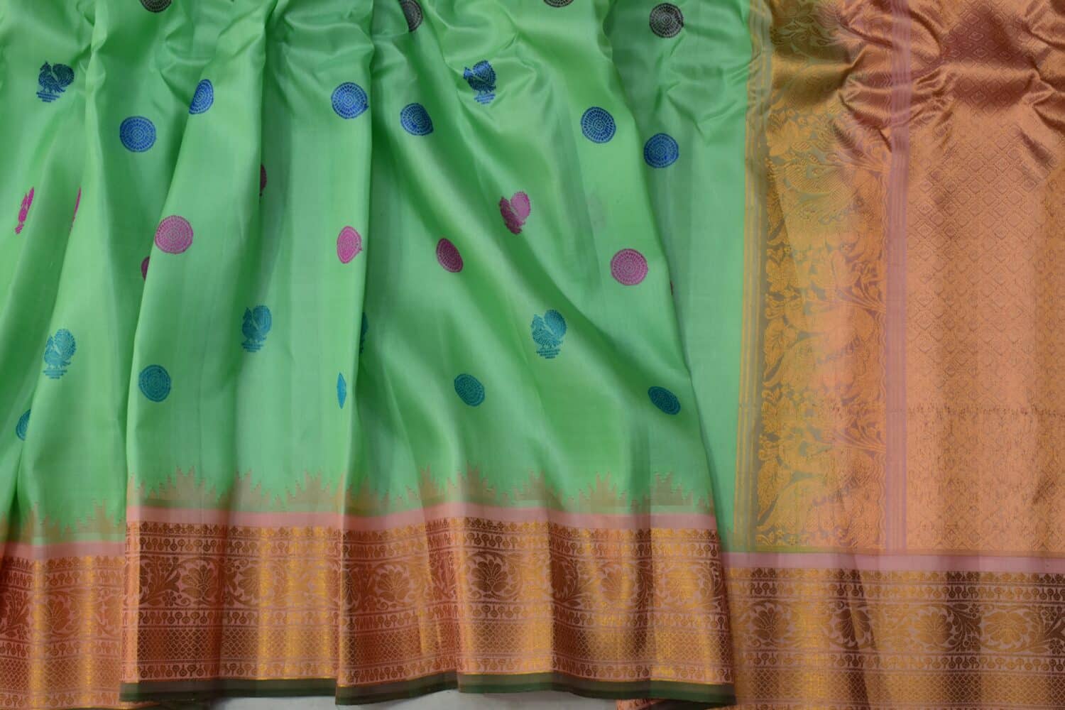 Mint Green Peach Handloom Pure Silk Gadwal Saree
