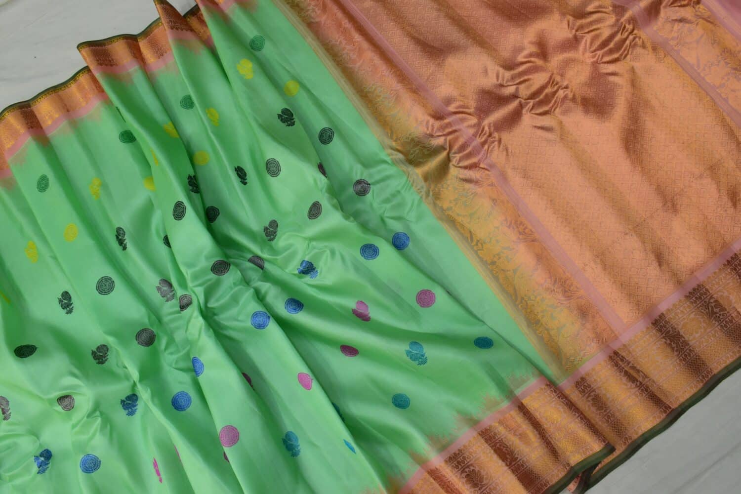 Mint Green Peach Handloom Pure Silk Gadwal Saree