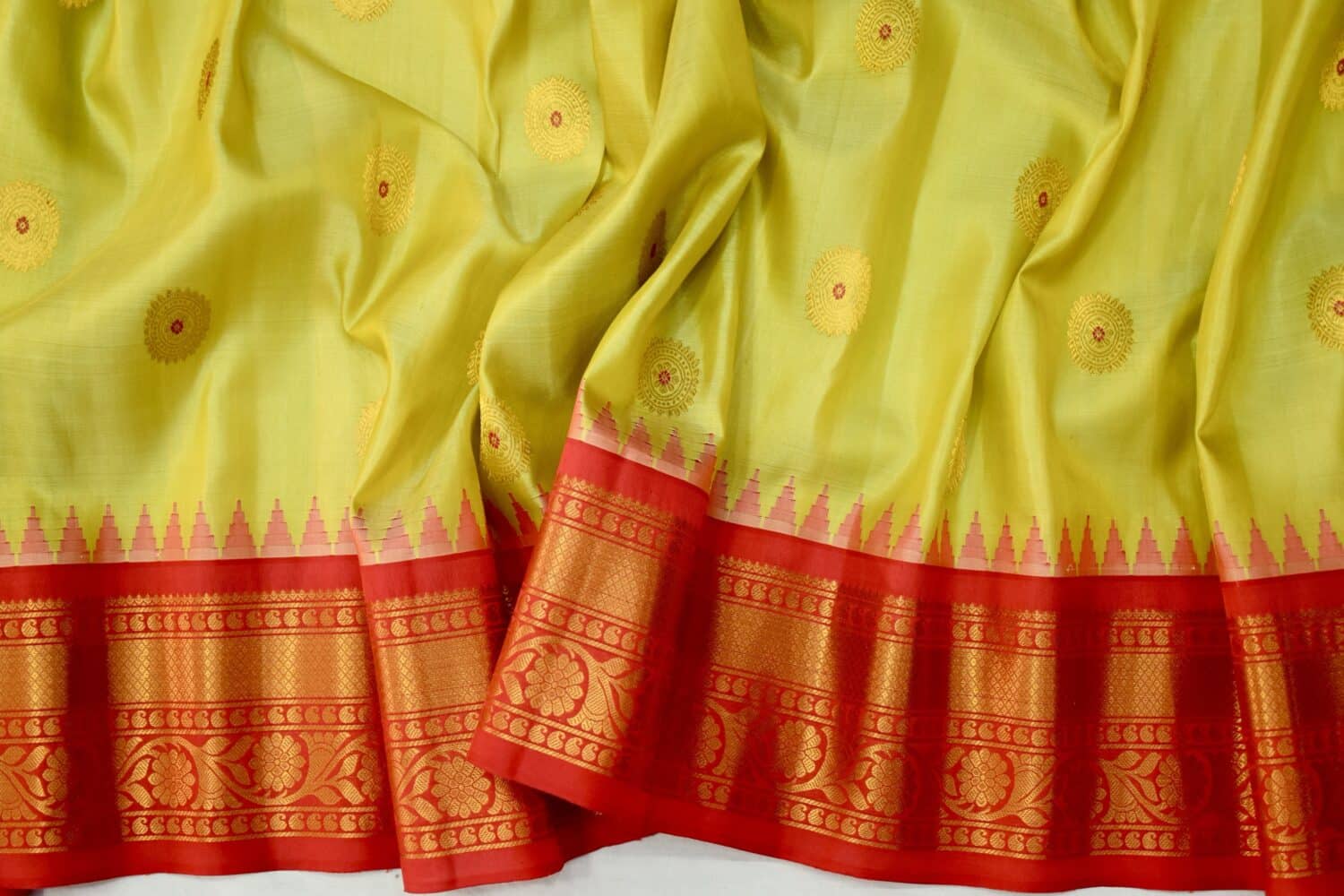 Lime Green Handloom Pure Silk Gadwal Saree with Ganga Jamuna Borders
