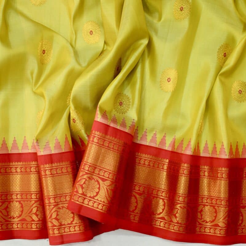 Lime Green Handloom Pure Silk Gadwal Saree with Ganga Jamuna Borders - view 7