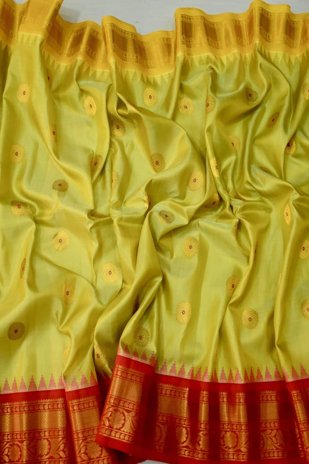 Lime Green Handloom Pure Silk Gadwal Saree with Ganga Jamuna Borders