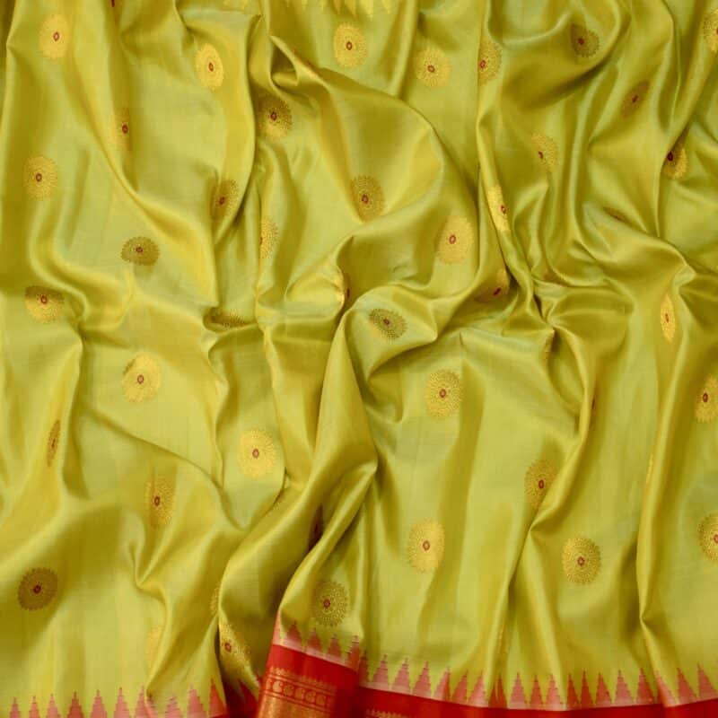 Lime Green Handloom Pure Silk Gadwal Saree with Ganga Jamuna Borders