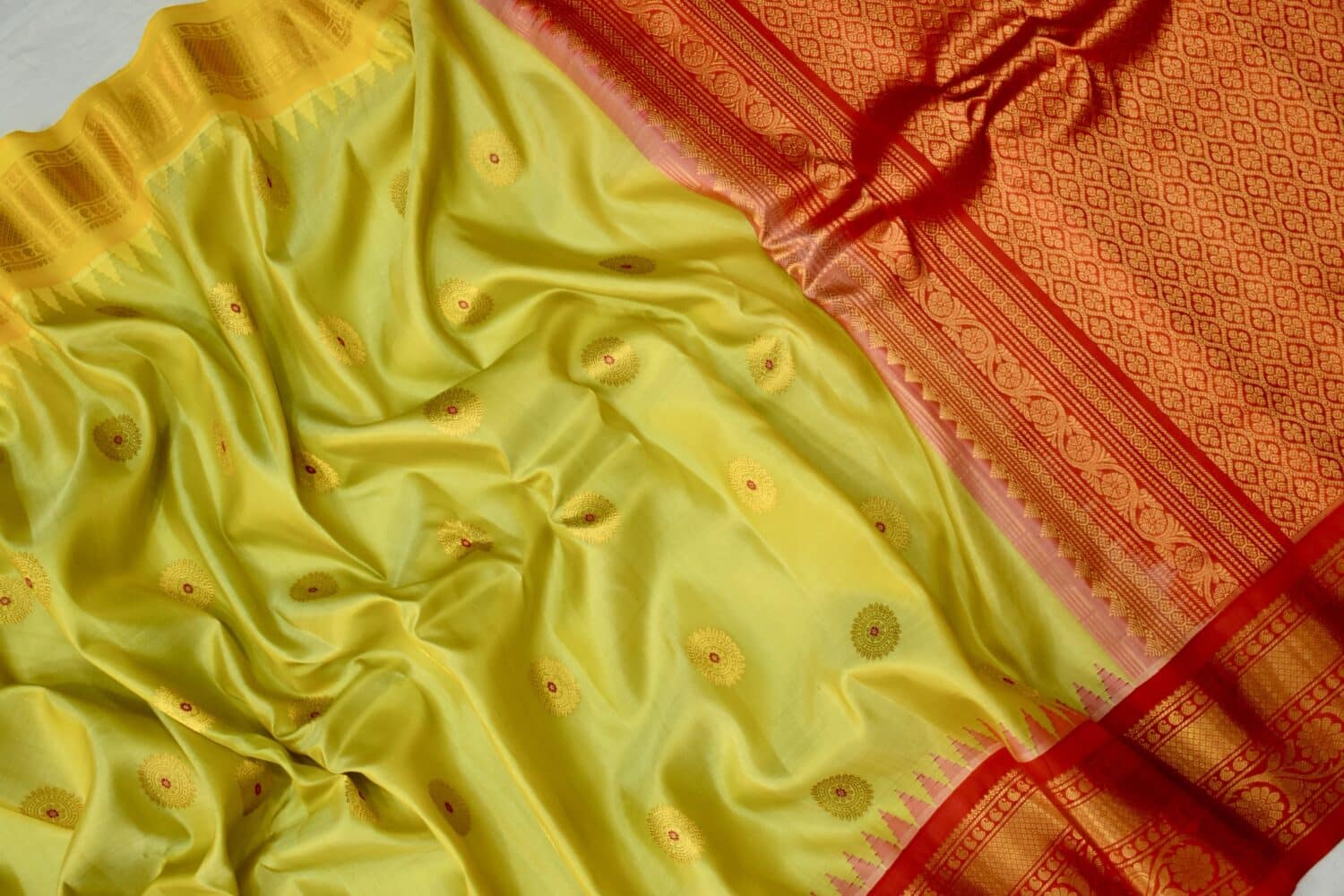 Lime Green Handloom Pure Silk Gadwal Saree with Ganga Jamuna Borders