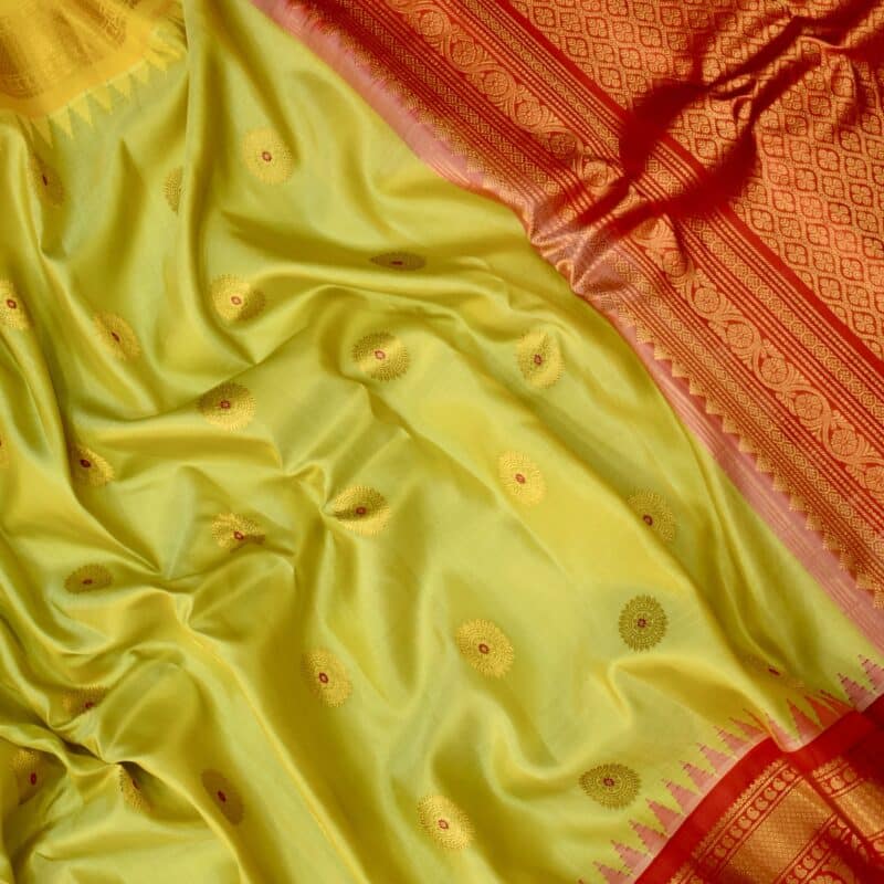 Lime Green Handloom Pure Silk Gadwal Saree with Ganga Jamuna Borders - view 8